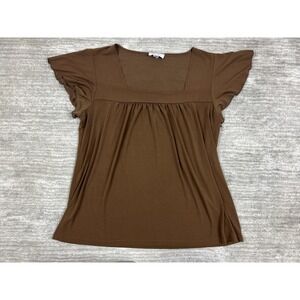 Jamie Nicole Blouse Womens 2X Brown Square Neck Flutter Sleeve Pleated Stretch